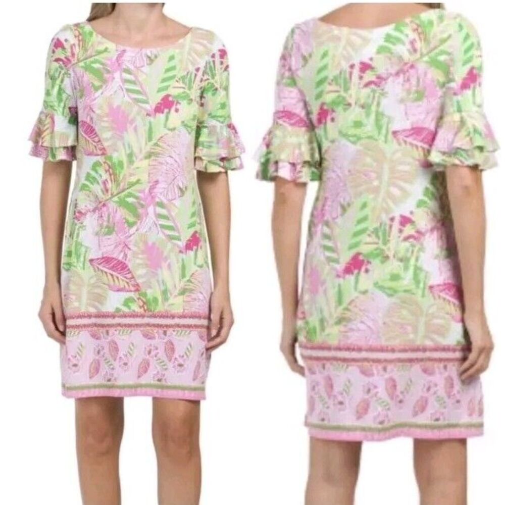 Pappagallo Dress Women's Medium Tropical‎ Bell Sleeve Pink Green Colorful Floral